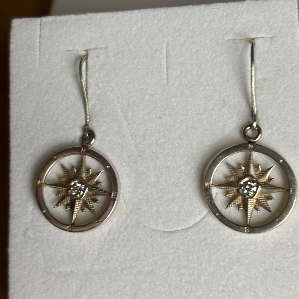 Sterling silver compass rose earrings with real diamond